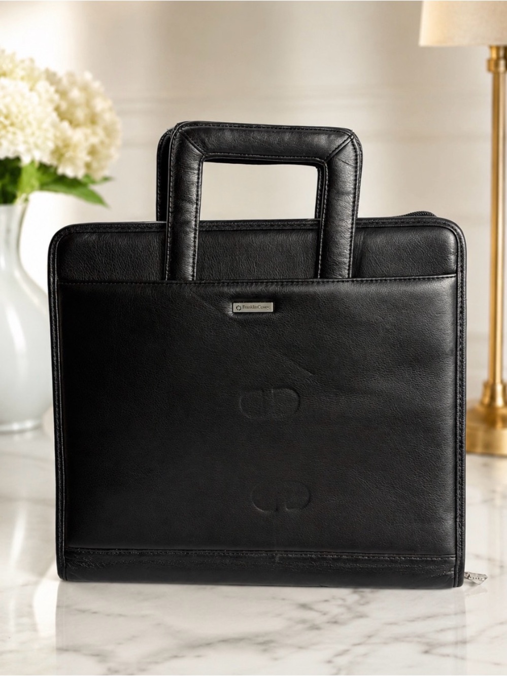 Franklin Covey Black Leather Executive Portfolio Briefcase Zip Around File